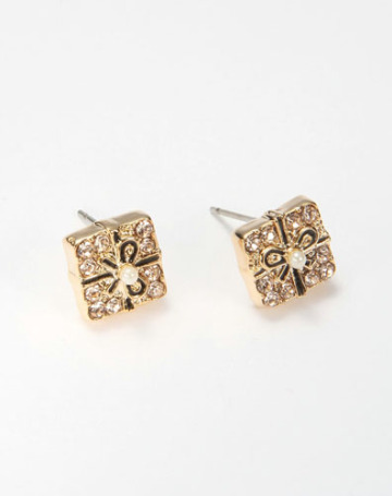 1122-II square diamond stud earrings with gold plated and pearl