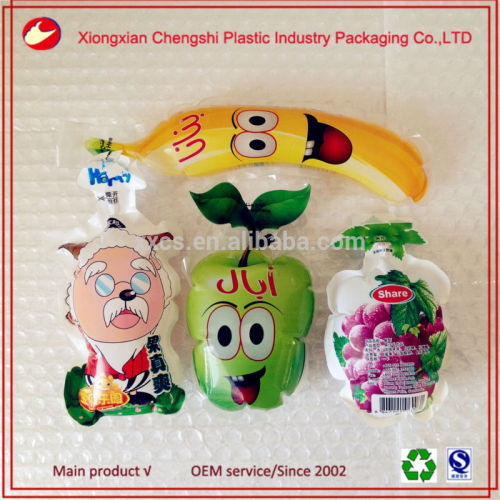 Factory!Vivid design plastic juice packing pouch,special shape juice bags with sucker