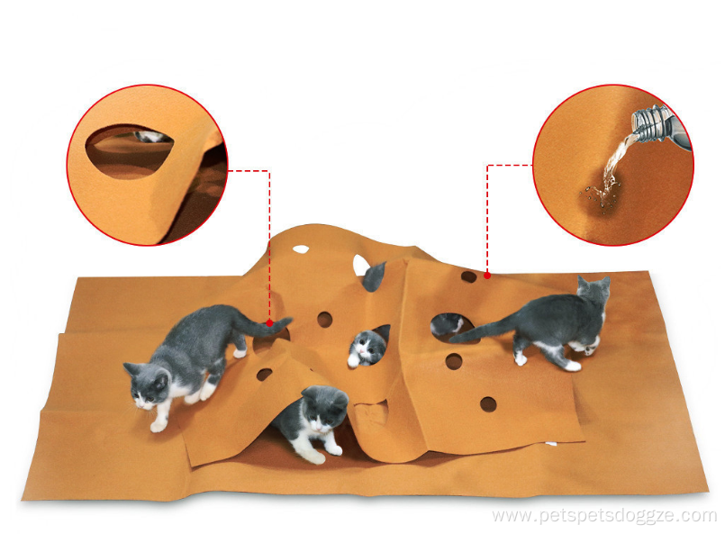 cat mat brown cat playing biting hole blanket