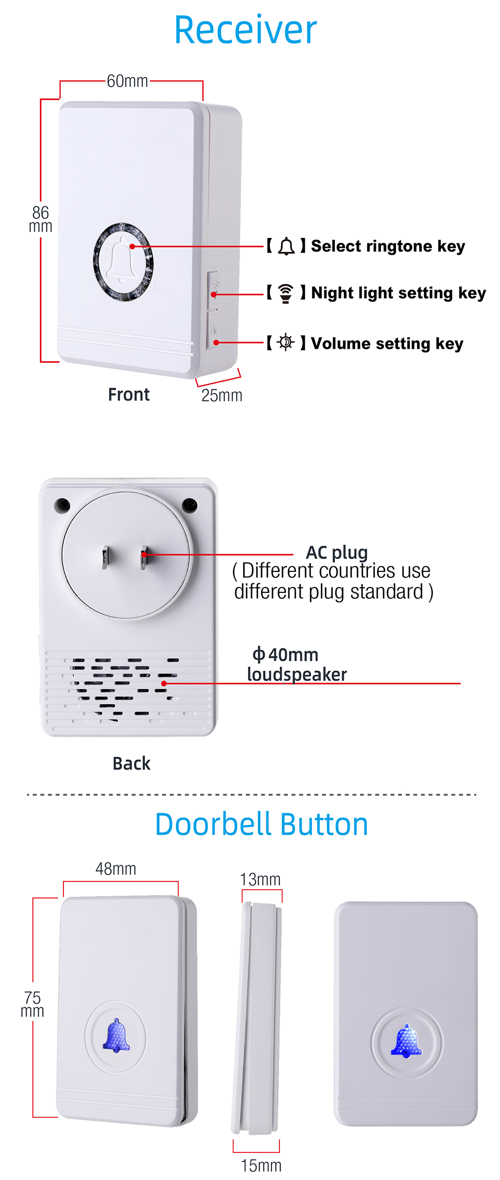 Adjustable Smart Door BellLightness 400M Long Range Hotel Wireless Doorbells Ding Dong Ring