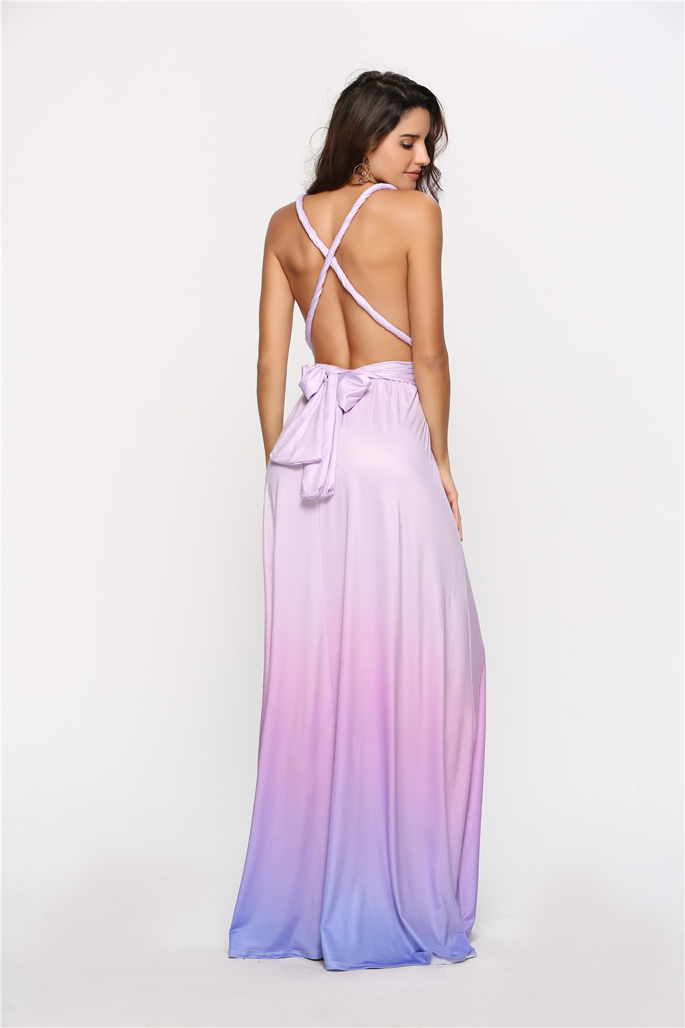 Hot sale sexy backless gradient color long gown dress for ladies elegant V-neck vestido de noche evening dress