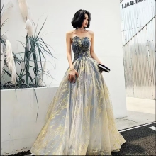 Blue tulle long ball gown dress