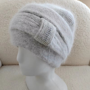 Winter Warm Knitted Hat with Angora Beret with Pearls and Knitted Ear Protection