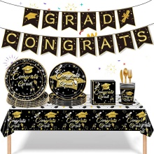 Complete 170PCS Graduation Party Supplies Package: Disposable Paper Plates, Napkins, Banner, and Tablecloth - From Trusted Graduation Party Suppliers