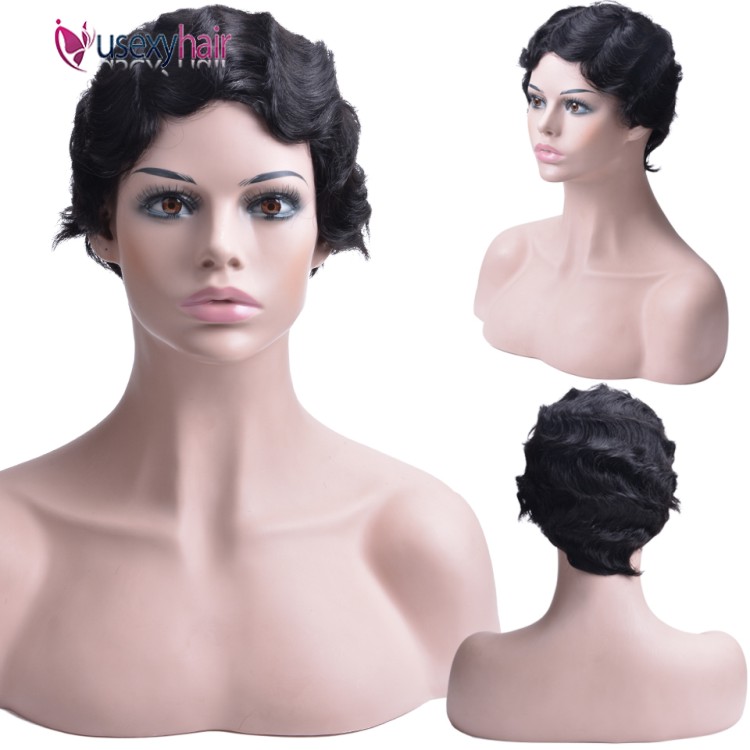 Wholesale Short Finger Wave Curly Wigs For Black Women Machine Made None Lace Pixie Cut Human Hair Wig