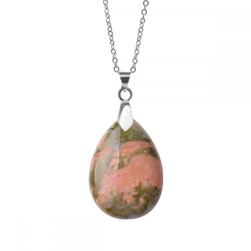 Natural Unakite 28x35MM Waterdrop Pendant Necklace with 45CM Silver Chain