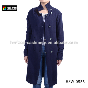 Woman Sweater Navy Long Wool Coat, Ladies Fashion Wool Full-Length Coat