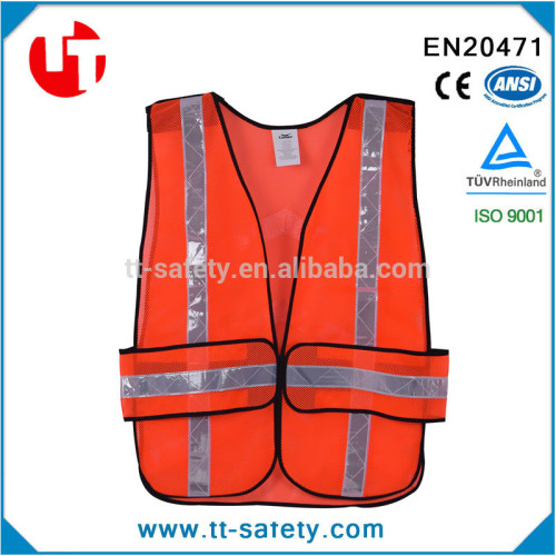 CE orange polyester mesh pvc reflective tape hi viz vest with hook and loop adjustable fastern