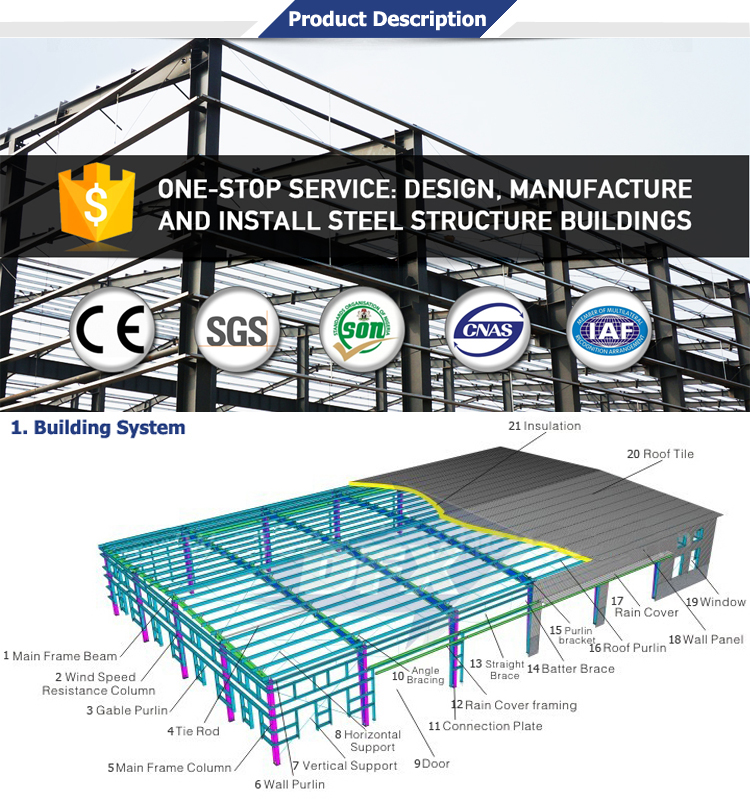 China famous supplier large span light steel structure construction warehouse building