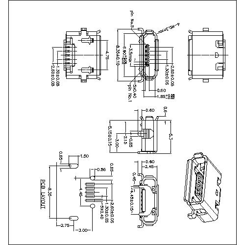 MUFM21 21-MICRO USB 5P AB RECAPTACLE, EJECTOR TYPE WITH 4 SHELL DIP,REVERSE TYPE 