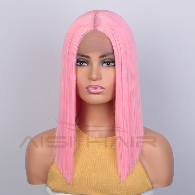 Aisi Hair Medium Long 16 Inch Cosplay Pink Wig Front Lace Wig Silky Straight Synthetic Lace Frontal Hair Wigs For Black Women