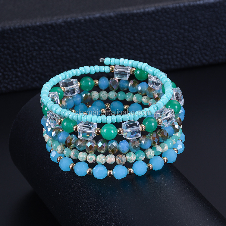 Bohemian Natural square crystal winding bracelet Natural turquoise stone faceted crystal multilayer bracelet