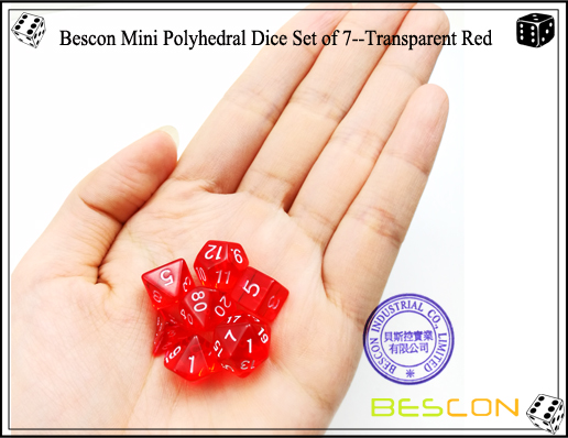 Juego de dados Bescon Mini Polyhedral, 7 - Transparente Red-5 Bescon Mini Polyhedral Dice Set of 7--Transparent Red-5