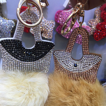 Handbag Fur Ball Key Chain Leather Velvet Crystal Key Ring