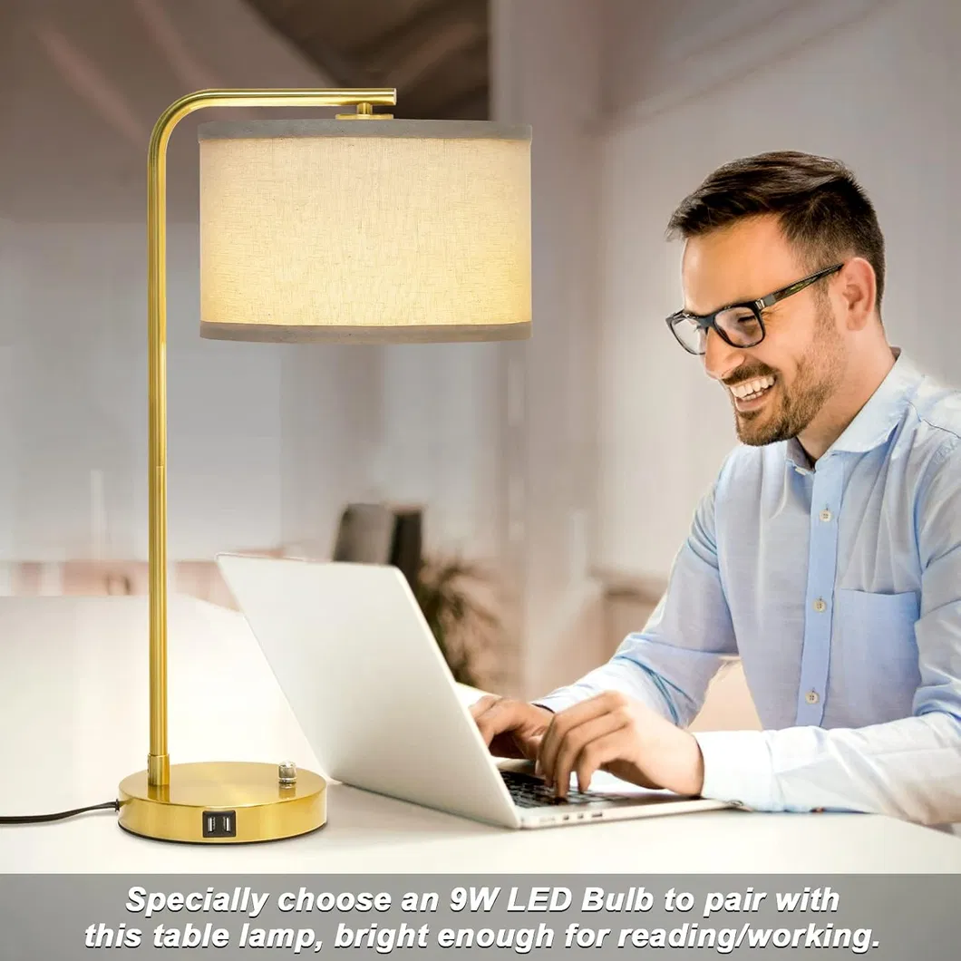 Modern USB Charging Bedside Lamp with Linen Shade