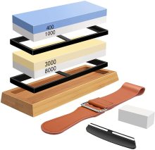 Professional Dual Grit Waterstone Set for Knife Sharpening: Includes 400/1000, 3000/8000 Stones, Leather Strop, and Flattening Stone