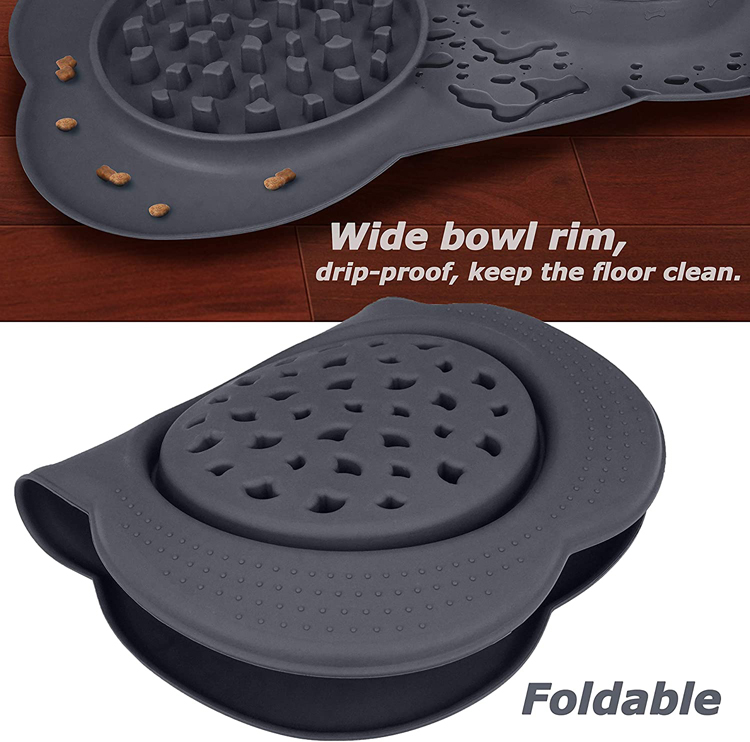 Double Dog Bowls, Pet Stainless Steel Water Bowl,3 in 1 Dog Slow Feeder with Non-Spill Silicone Tray Bone Shape Non-Slip Mat