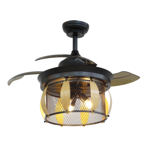 3-Blades Black Fan Lamp with Wood Lampshade