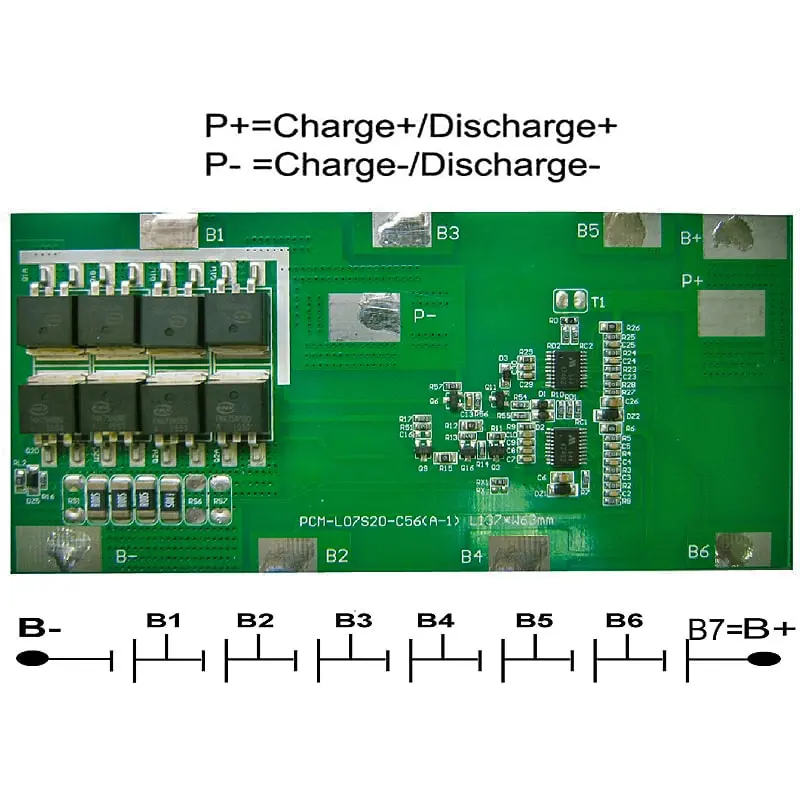 7s 20A PCM BMS for 24V 25.2V 25.9V Li-ion/Lithium/ Li-Polymer 21V 22.4V LiFePO4 Battery Pack Size L137*W63*T7mm (PCM-L07S20-C56)