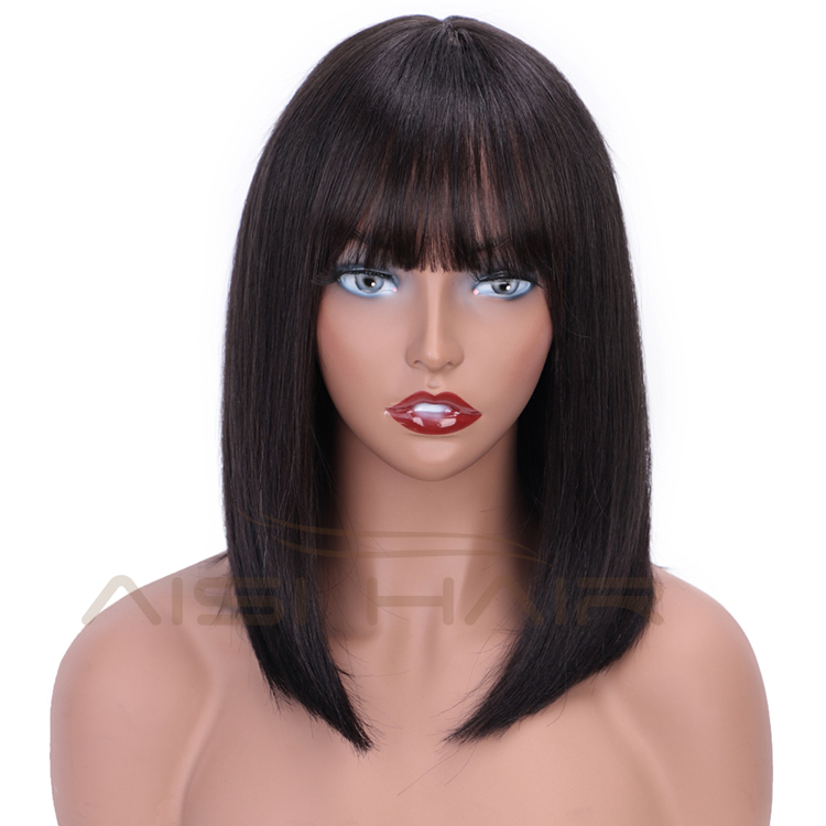 Aisi Hair 100% Brazilian Human Hair Wig 14 Inch Short Bob Silky Straight Black Human Hair Silk Base Wigs For White Black Women