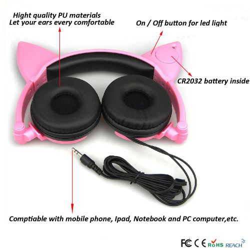 LED Light Up Cat Headphone For Kids Headsets