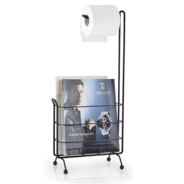 Black Toilet Paper Standing Roll Paper Holder with Magazine Rack