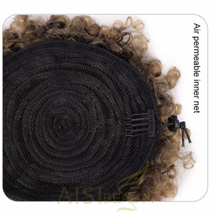 Aisi Beauty Popular New Design Wholesale Afro Fluffy Puff Brown Hairpiece Extension With Bangs Curly Afro Kinky Afro Hair Bun