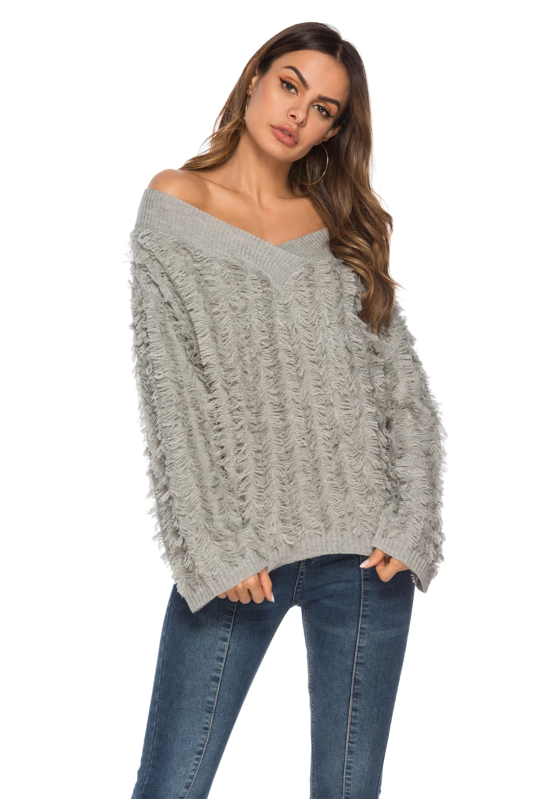 Våren nya klädkvinnor ′ S SEXY V-HECK KNITWEAR PERSONALITY TASSEL Sweater