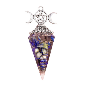 Lapis Lazuli Chip Stone Resin Silver Moon Hexagonal Cone Pendant & Pendulum