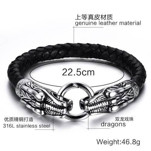 Mens Double Dragon Head Charms Hook Leather Bracelet