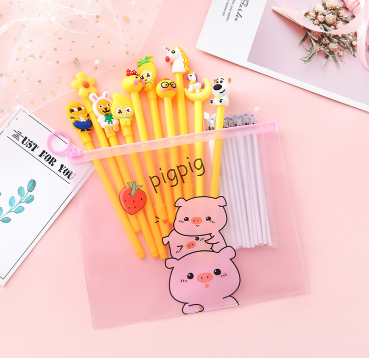 Korean Cute Cartoon Heart Customized Student Stationery Set Promotional Plastic Ball Pen Novelty Body Personalized Logo Pen Bag