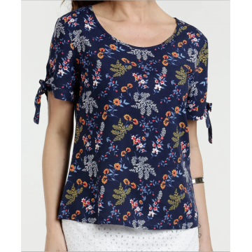 FloralsTop Sommer Kurzarm Bluse mit O-Ausschnitt und Print