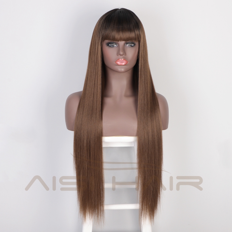 Aisi Hair Top Quality Cheap Long Silky Straight Fiber Wigs High Temperature Synthetic Fiber Wig Ombre Brown Wigs Wiht Bangs