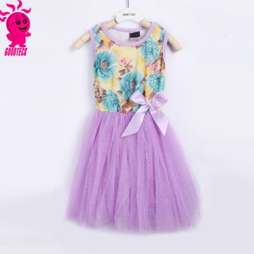 Hot sale girl's dress, girls cute purple flower dress with bow