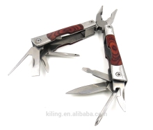 stainless steel multitool pliers with red wooden handle