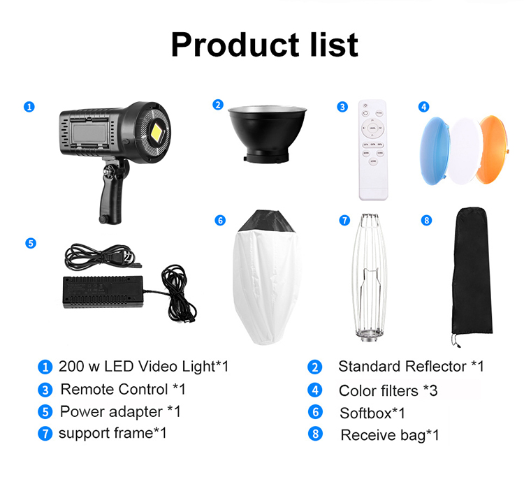 مصباح فيديو LED 200 وات مع 3 فلاتر ملونة وعاكس 5600K قابل للتعتيم مع ضوء النهار للتصوير الفوتوغرافي مع صندوق سوفت بوكس