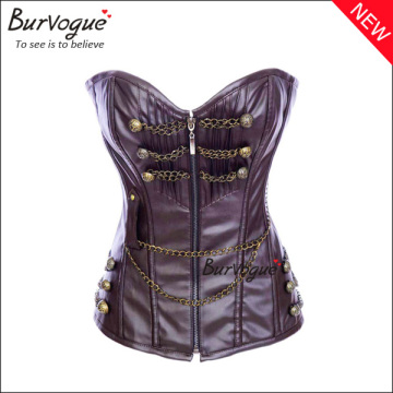 Burvogue Gothic Steel Boned Steampunk Corset Waist Training Overbust Leather Corset Tops