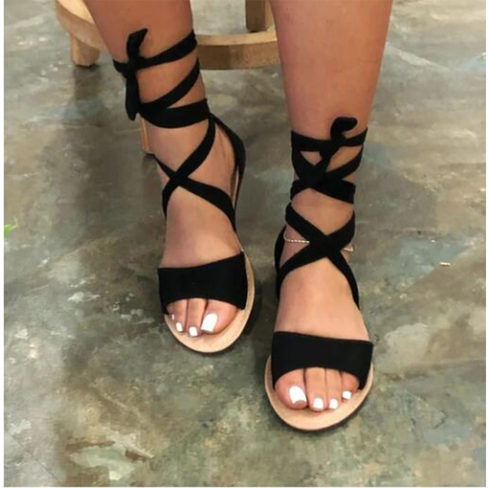 Wholesale Casual Solid Color Artificial Leather Upper Cheap Summer Strappy Flat Shoes Sexy Sandals for Women