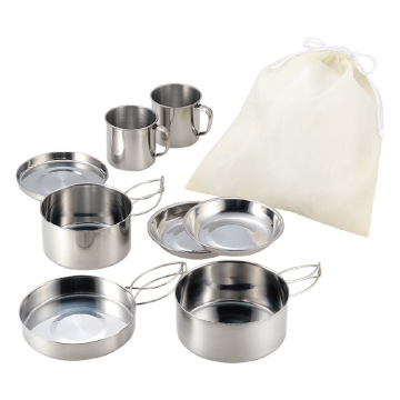 Eight-Piece Stainless Steel Outdoor Cookware & Dinnerware Set for Camping