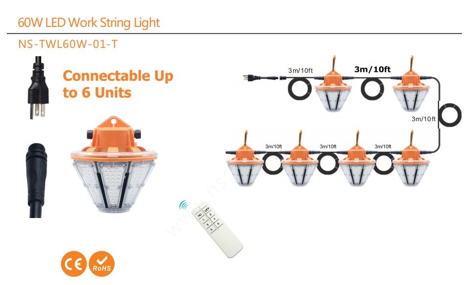 60W Outdoor Construction light Led Temporary work Lighting Ip64 Waterproof String Lights for jobsite