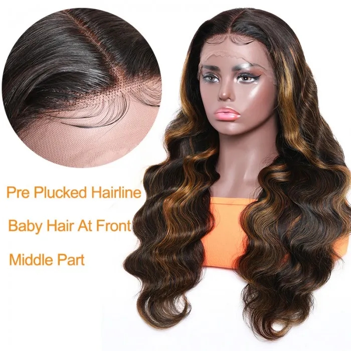 Lsybeauty Middle Part Body Wave Human Hair Wigs Brown Color Lace Wigs With #30 Color Highlights 150% Density