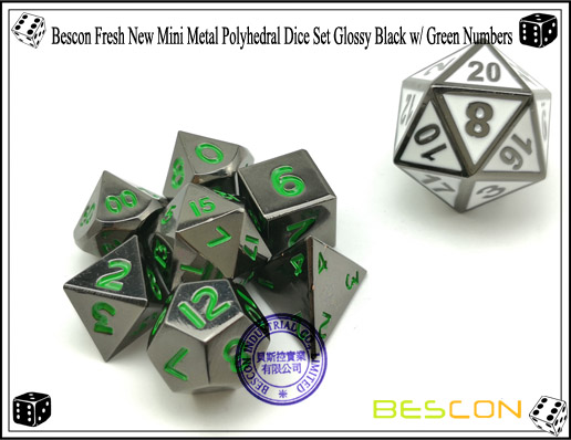 Bescon Fresh New Mini Metal Polyhedral Dice Set Glossy Black with Green Numbers-4
