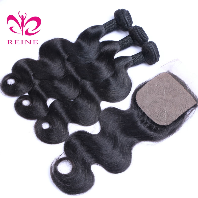 Brazilian body wave Remy Hair with silk base Closure Natural Color 8~20 inch in Stock Free/Middle/  Three Part With Baby Hair