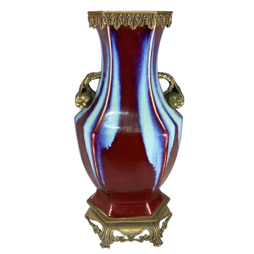 Antique Bronze Base Red Glazed Ceramic Vase