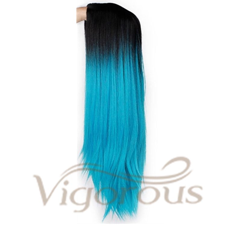 Vigorous Wholesale Top Quality Long Ombre Blue Dark Root Heat Resistant Fiber Cosplay Party For Black Women Synthetic Hair Wigs