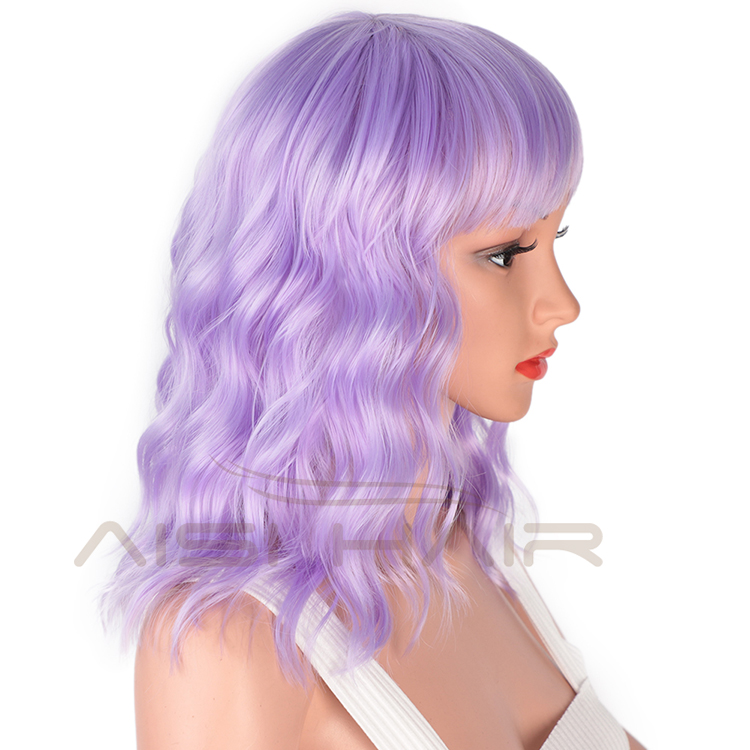 Aisi Hair Wholesale Top Quality Purple Short Bob Wig With Neat Bangs Synthetic Cosplay Short Curly Wave Wigs For Black Women