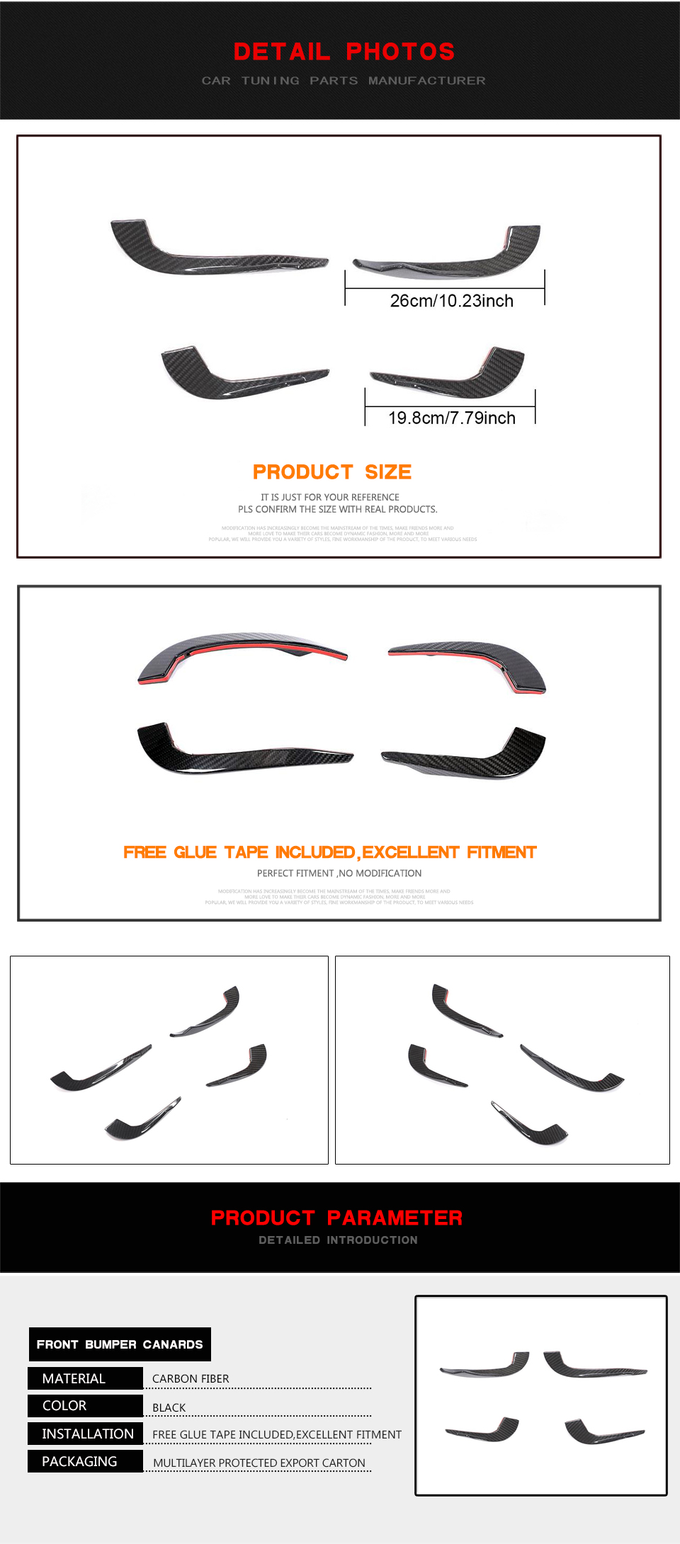 JC Sportline Carbon Fiber RS3 Front Canards Fins for Audi RS3 8V Sedan 2017-2019