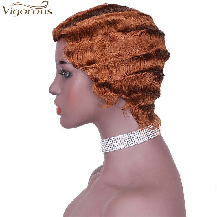 Vigorous Cheap 100% Real Human Hair Finger Wave Wig Pixie Cut Short Light Auburn Curly Wigs for African American Women