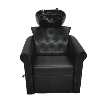 Black Tufted Leather Barber Shampoo Chair with Hairdressing Bowl