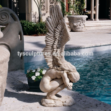 Custom white marble winged sad angel statue for outdoor decoration